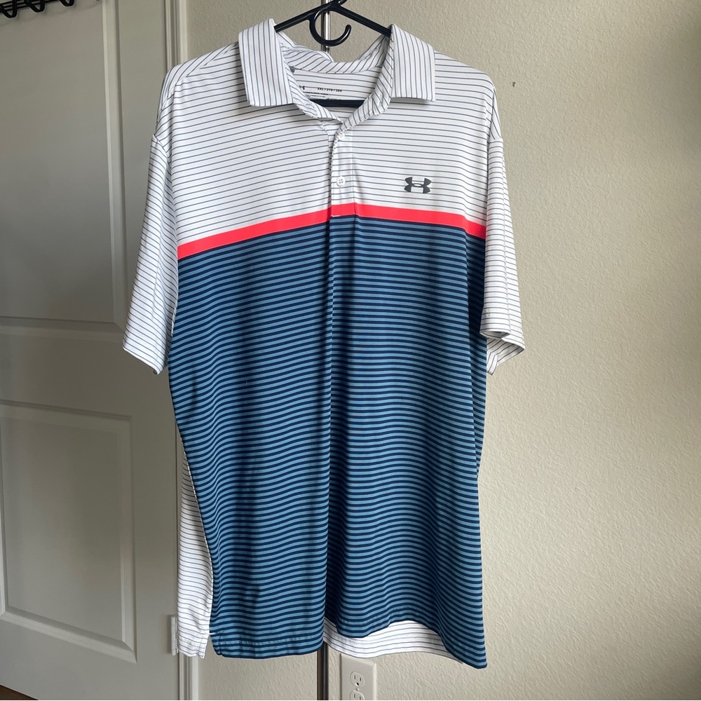 Under Armour Men's Polo with Blue, White, and Red Stripes